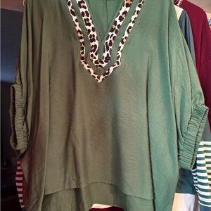 Entro Forest Green Tunic with Animal Print Trim